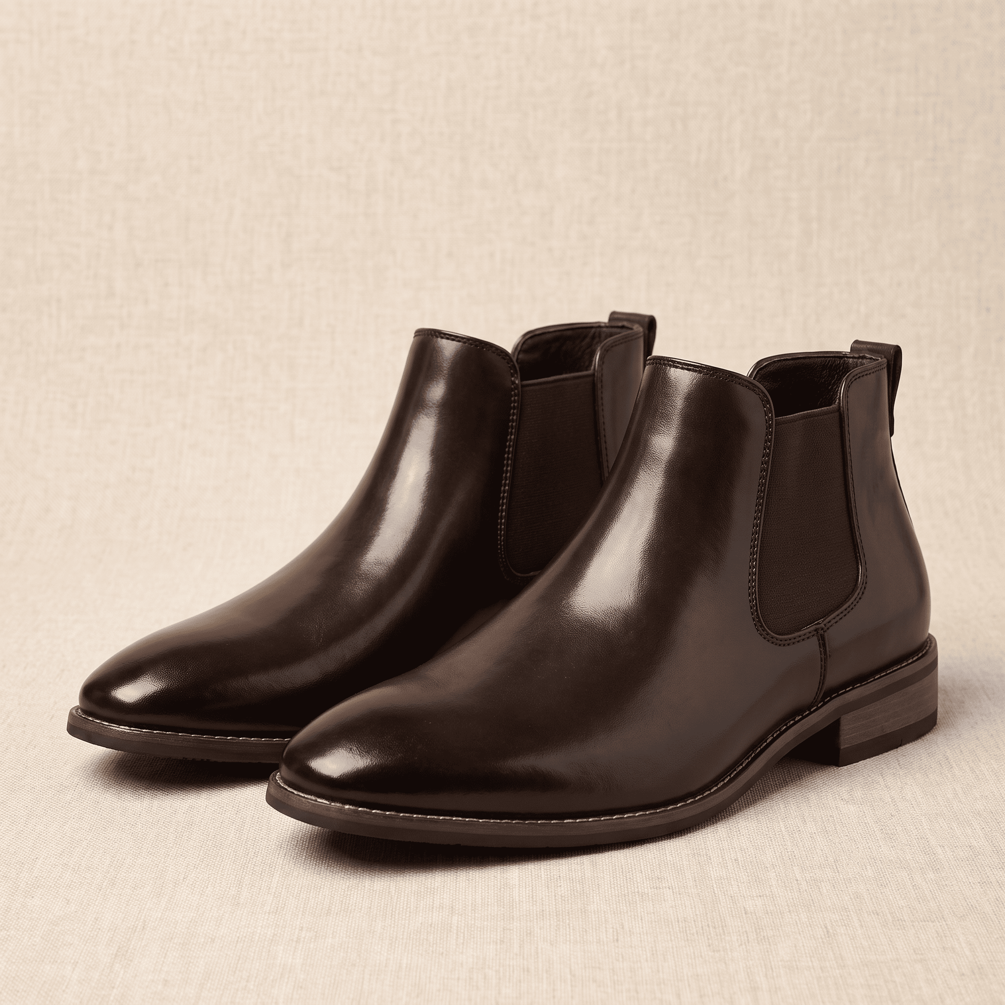 Pair of black leather Chelsea boots displayed together, showing the smooth finish, elastic panels, and pointed toes.