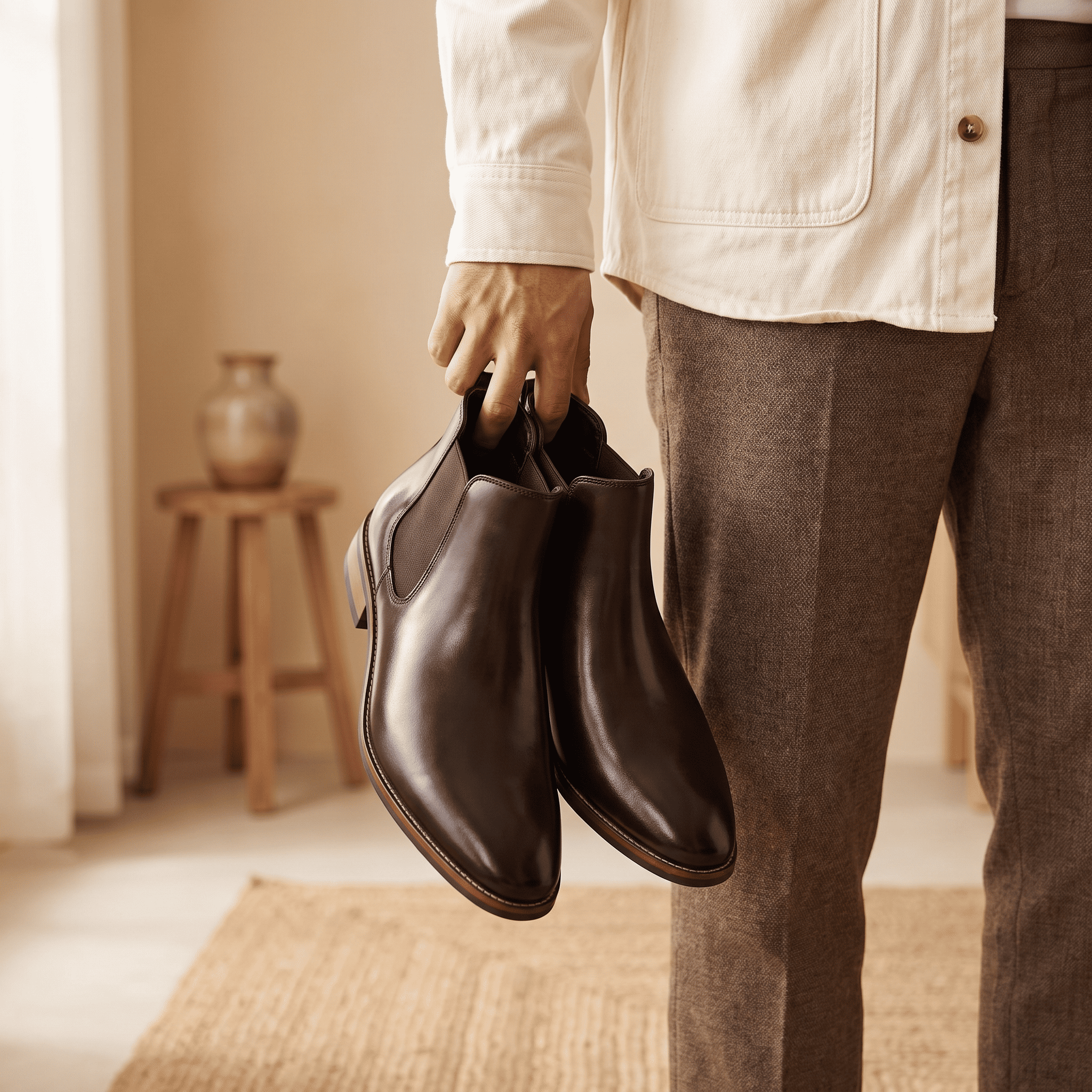 Person holding a pair of black Chelsea boots by the pull tabs indoors.