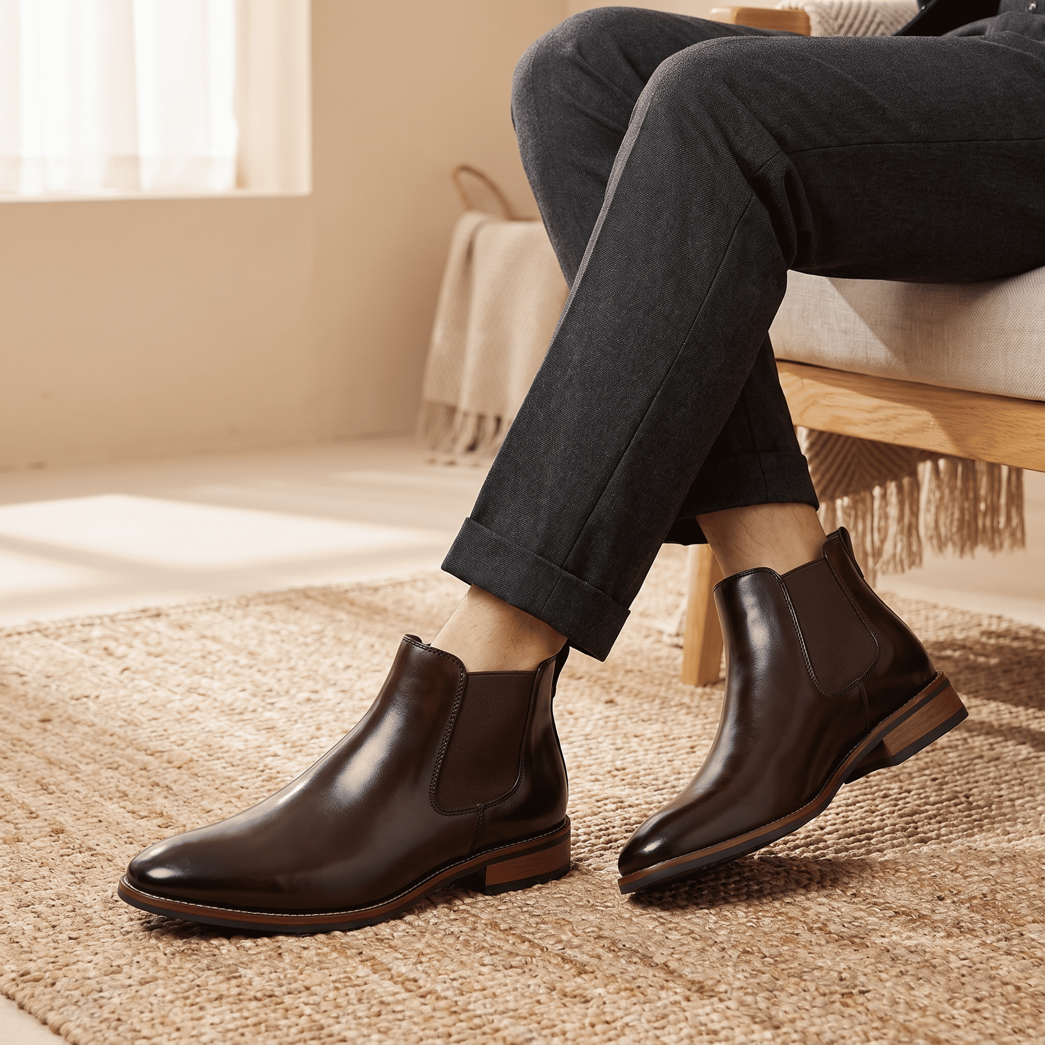 Close-up of a person wearing black Chelsea boots while seated, showing the side profile and sleek sole.