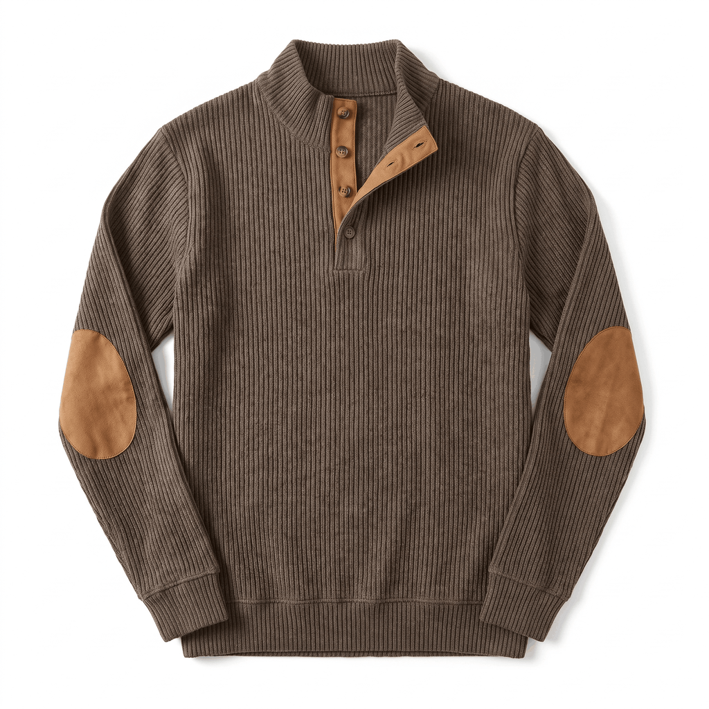 Brown ribbed knit henley sweater with a snap stand collar and contrasting tan suede elbow patches.