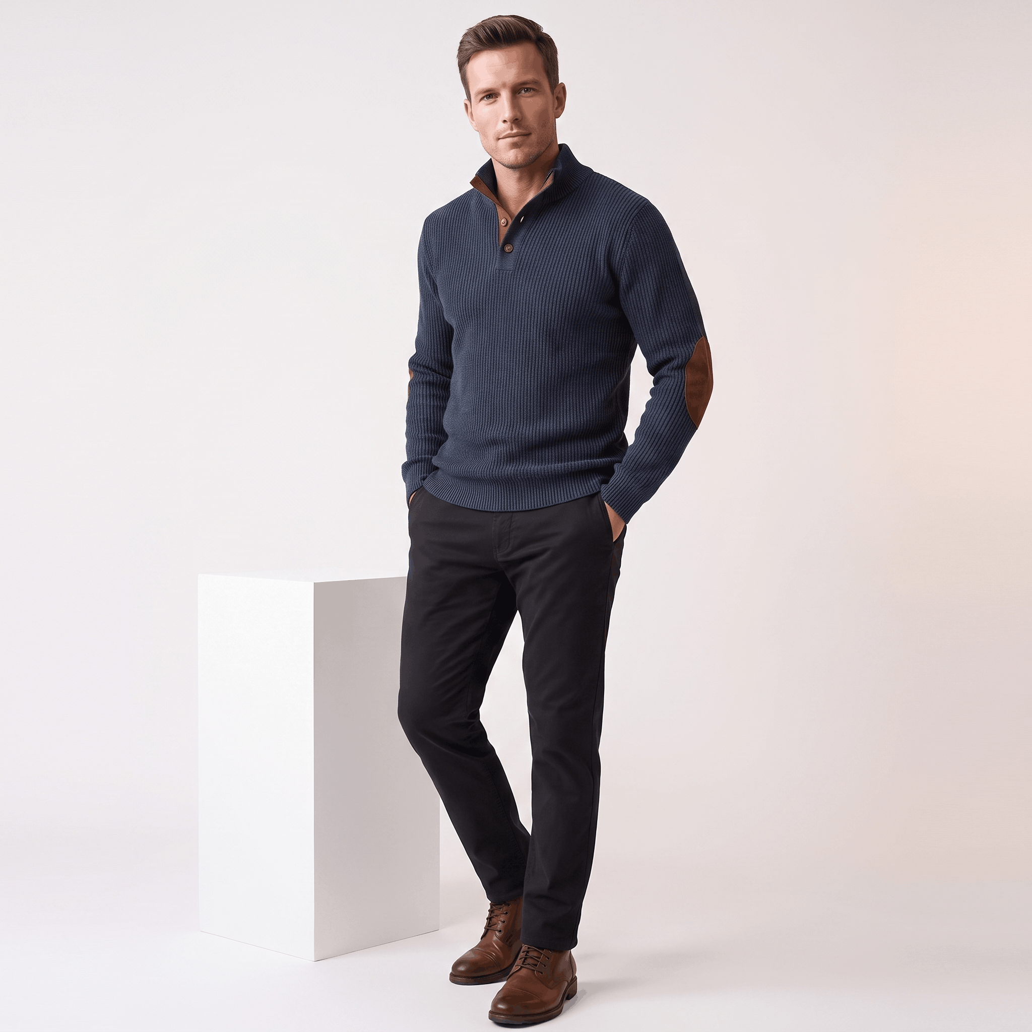 Navy ribbed knit henley sweater with contrast elbow patches, snap stand collar, and relaxed fit worn with dark trousers.