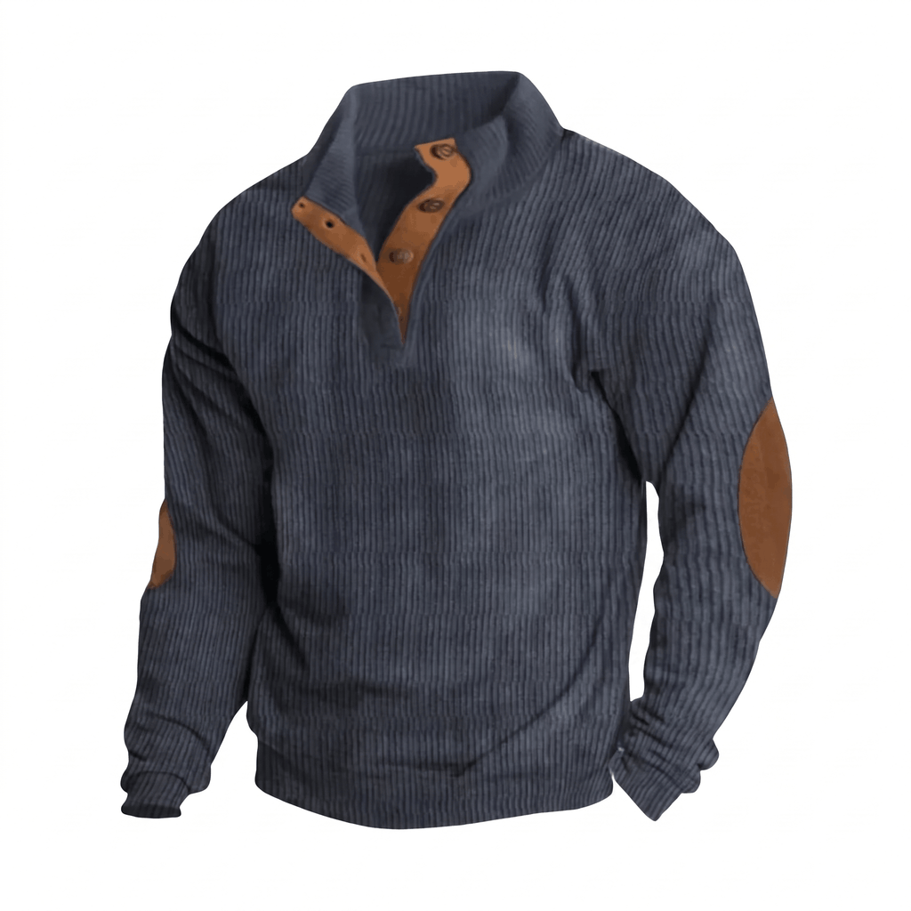 Navy vertical ribbed knit henley sweater featuring a snap stand collar and contrasting tan elbow patches.