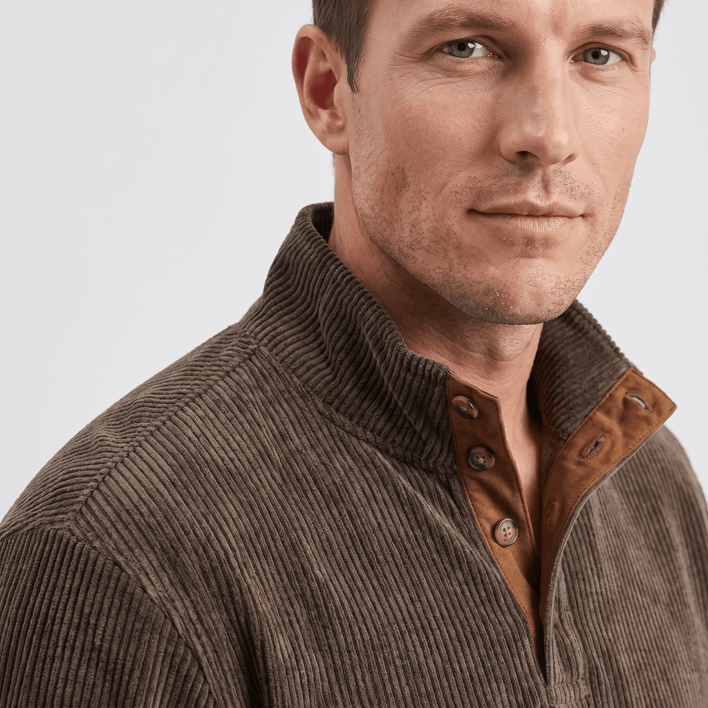 Brown vertical ribbed knit henley sweater featuring a snap stand collar with contrast trim on a man.