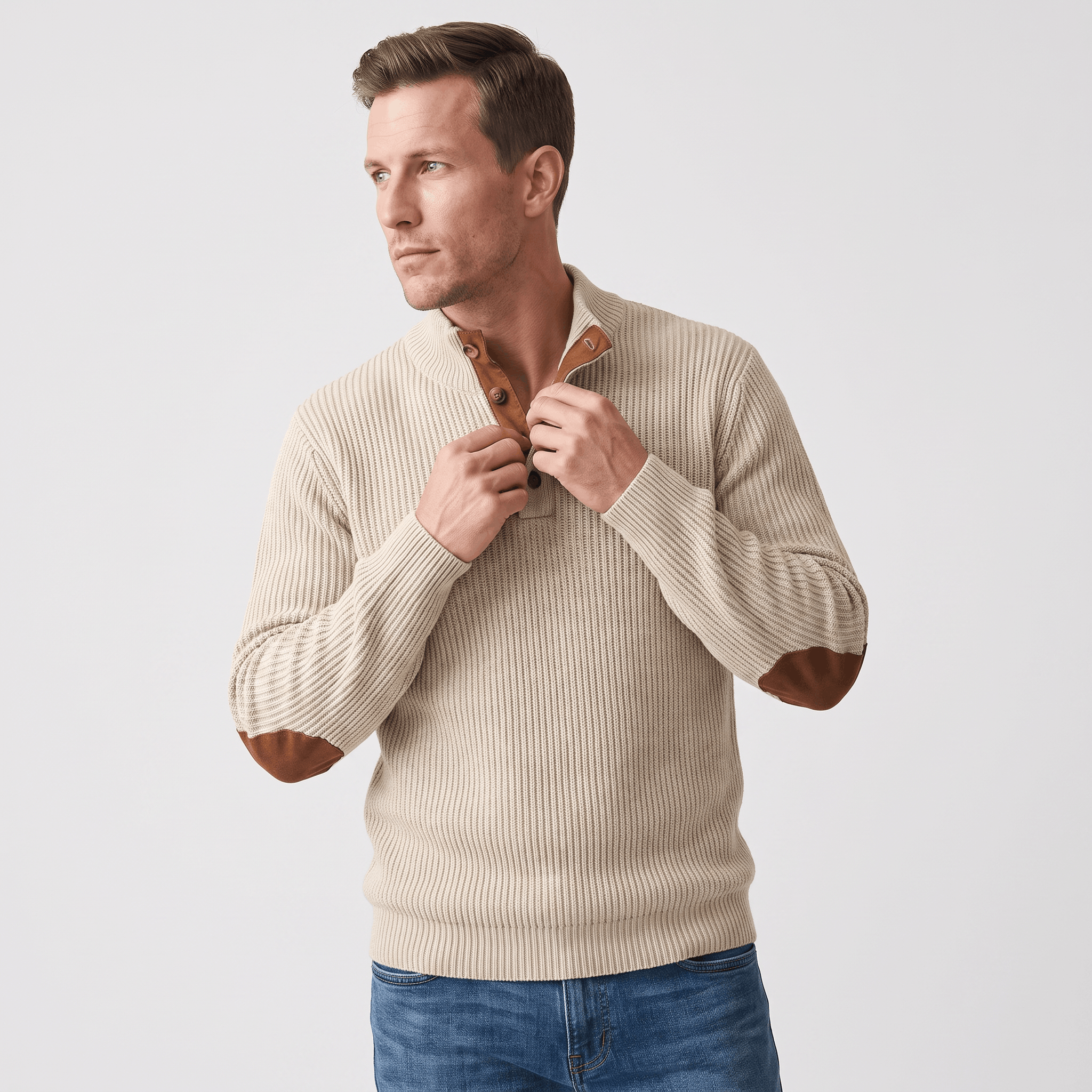 Beige ribbed knit henley sweater with a snap stand collar and brown contrast elbow patches, worn with blue denim jeans.