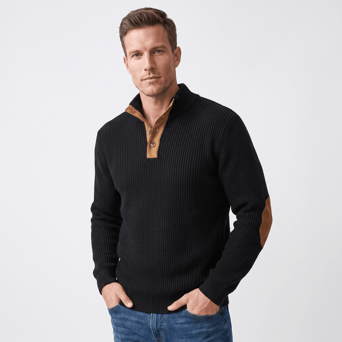 Black ribbed knit henley sweater with a snap stand collar, contrast tan elbow patches, and a relaxed fit.