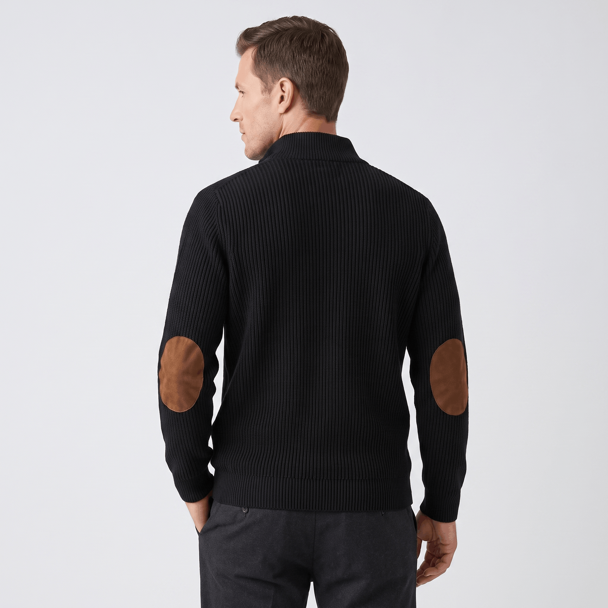 Black ribbed knit sweater with a stand collar and contrasting brown elbow patches, shown from the back.