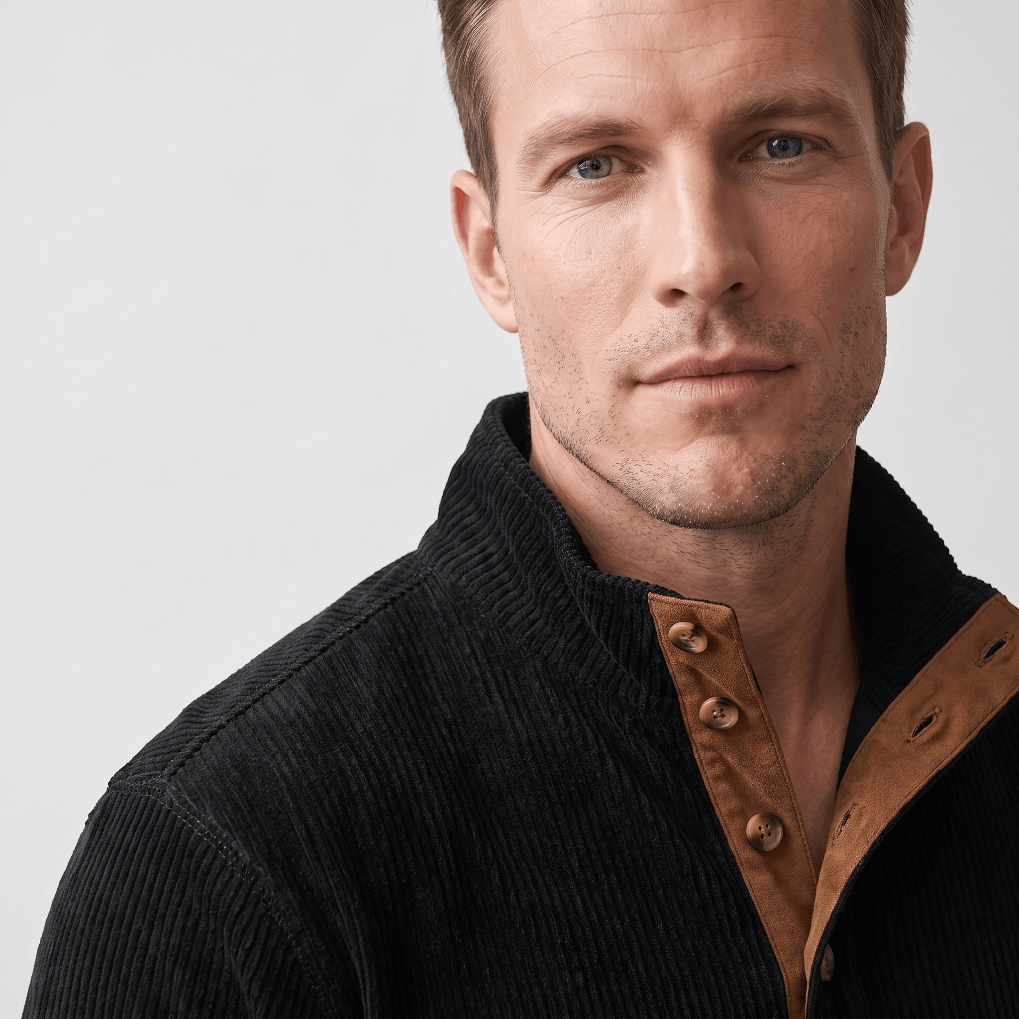 Black vertical ribbed knit henley sweater with a stand collar and contrasting tan snap placket.