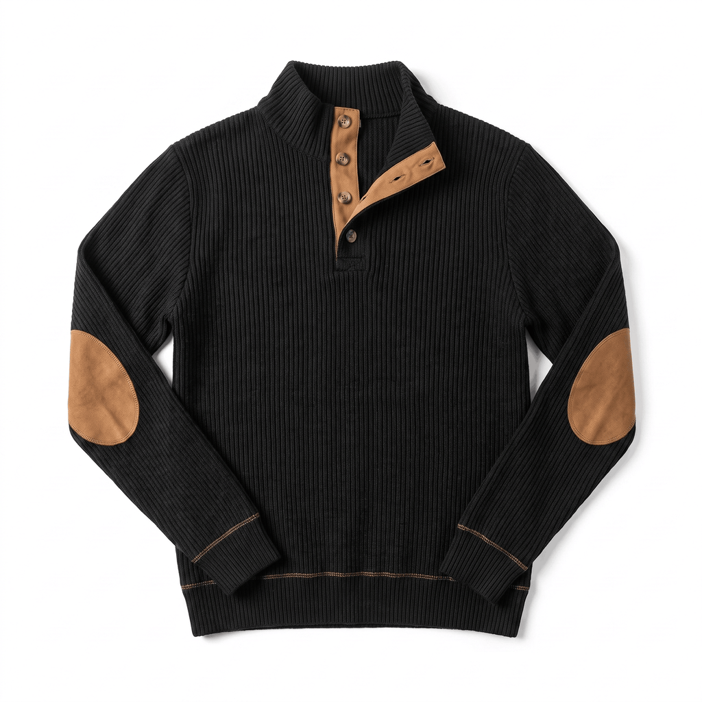 Black vertical ribbed knit henley sweater with a snap stand collar and tan contrast elbow patches.