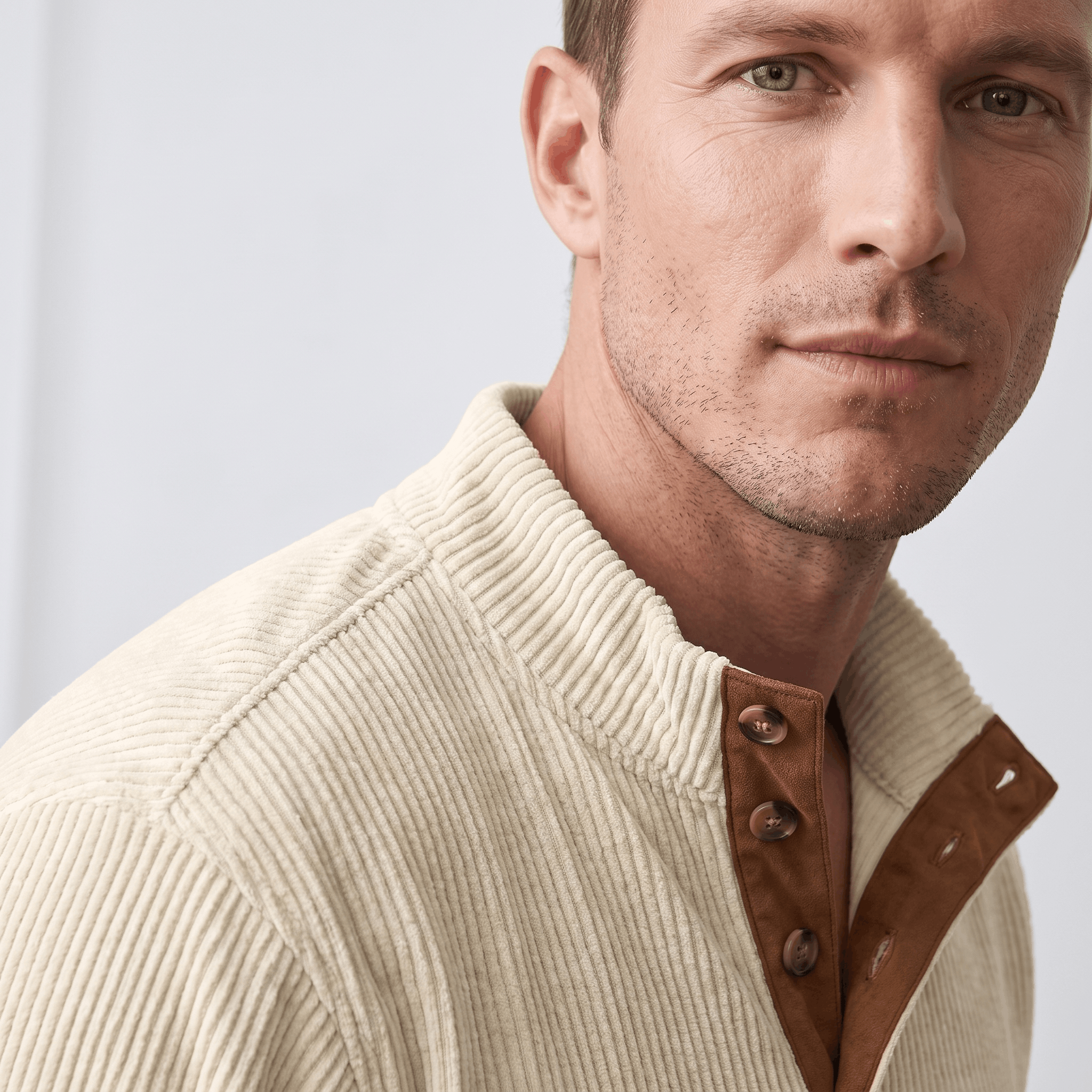 Cream vertical ribbed knit henley sweater featuring a brown snap-button stand collar and relaxed fit.