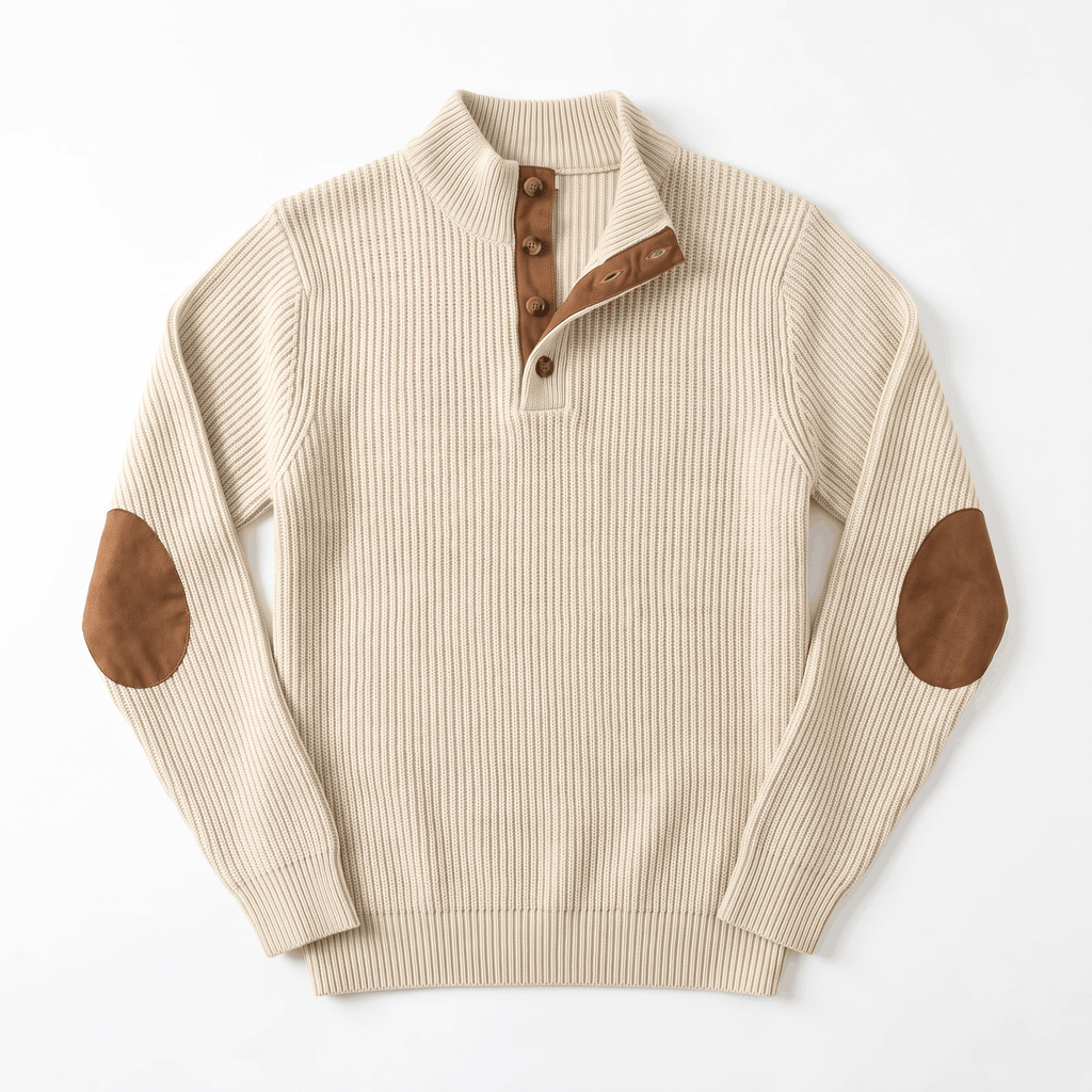 Beige vertical ribbed knit henley sweater with brown contrast elbow patches and a snap-button stand collar.