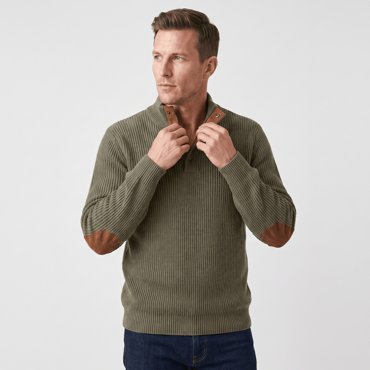 Olive green vertical ribbed knit henley sweater with brown suede elbow patches and a snap-button stand collar.
