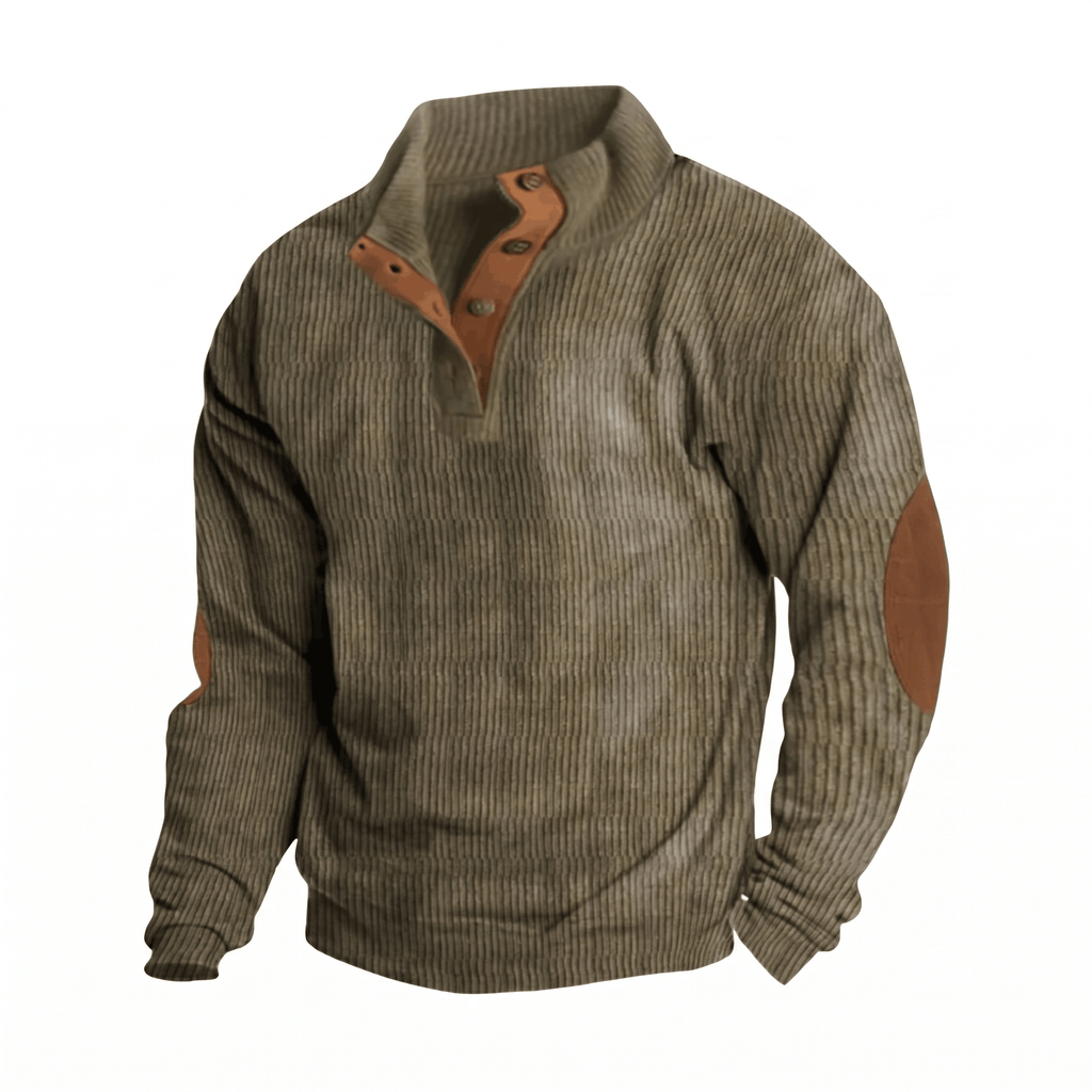Olive green ribbed knit henley sweater featuring a snap stand collar and contrasting brown elbow patches.