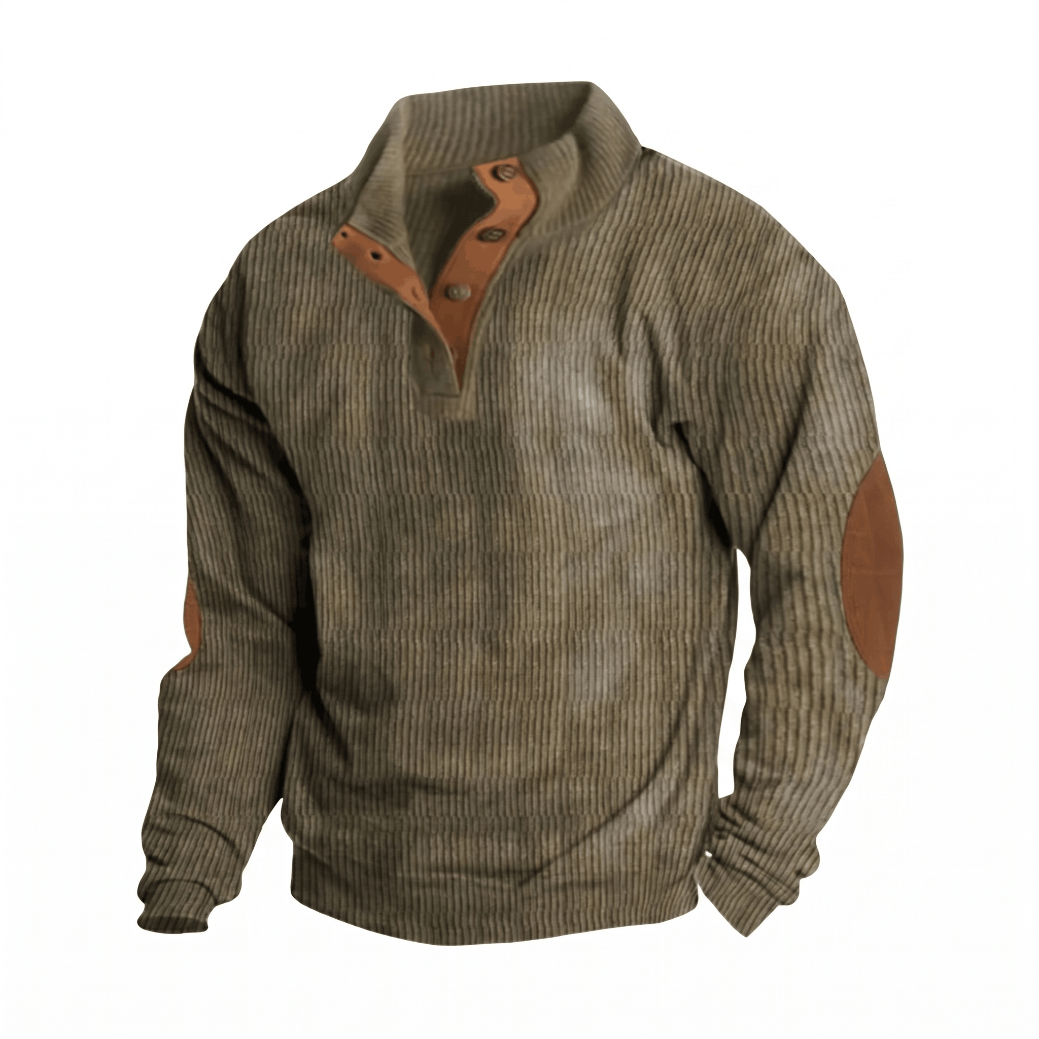 Olive green ribbed knit henley sweater featuring a snap stand collar and contrasting brown elbow patches.