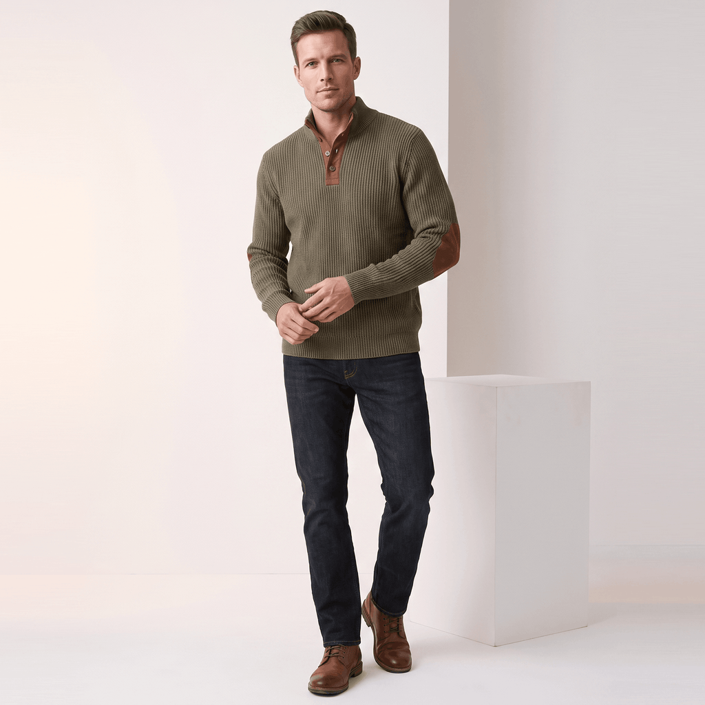 Olive green ribbed knit henley sweater with contrast brown elbow patches, snap stand collar, and relaxed fit.