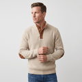Beige vertical ribbed knit henley sweater with a snap stand collar and contrast brown elbow patches.