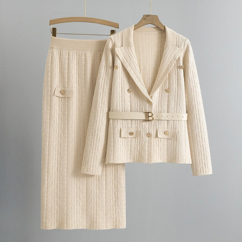 Francesca Women's Grid Texture Blazer & Skirt Set with Belted Waist