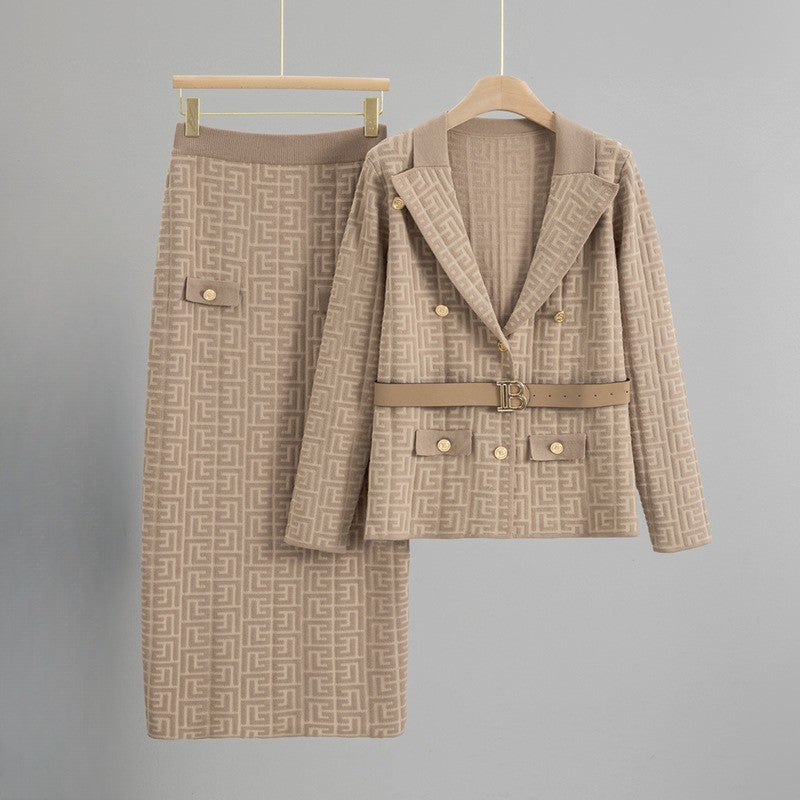 Francesca Women's Grid Texture Blazer & Skirt Set with Belted Waist