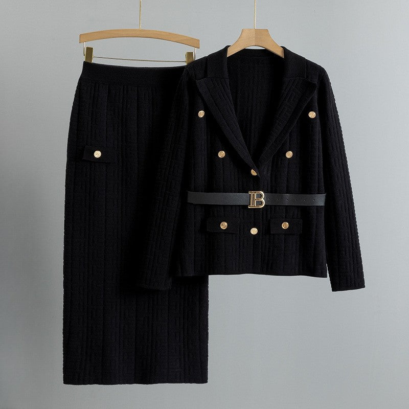 Francesca Women's Grid Texture Blazer & Skirt Set with Belted Waist