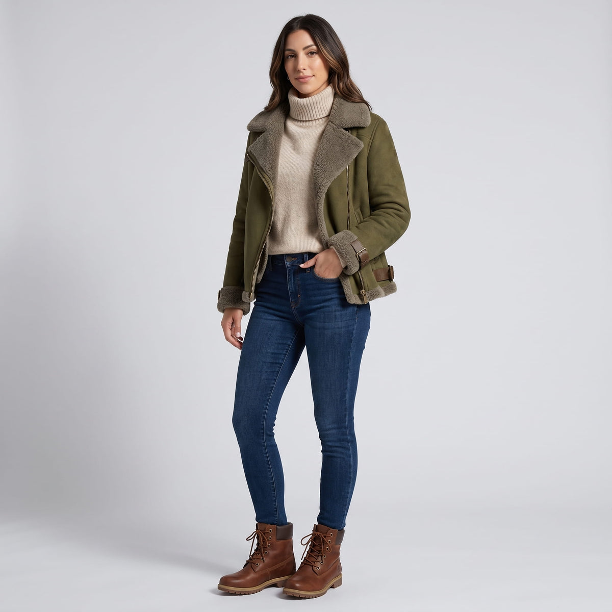 A woman wearing an olive green leather shearling aviator jacket with an asymmetric zip and buckled strap, standing indoors