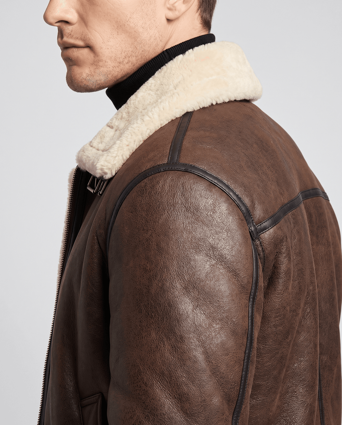 Leather Shearling Aviator Jacket – Asymmetrical Zip & Buckle Strap | Albert