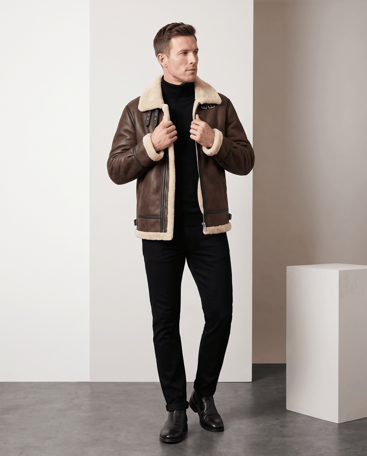 Leather Shearling Aviator Jacket – Asymmetrical Zip & Buckle Strap | Albert