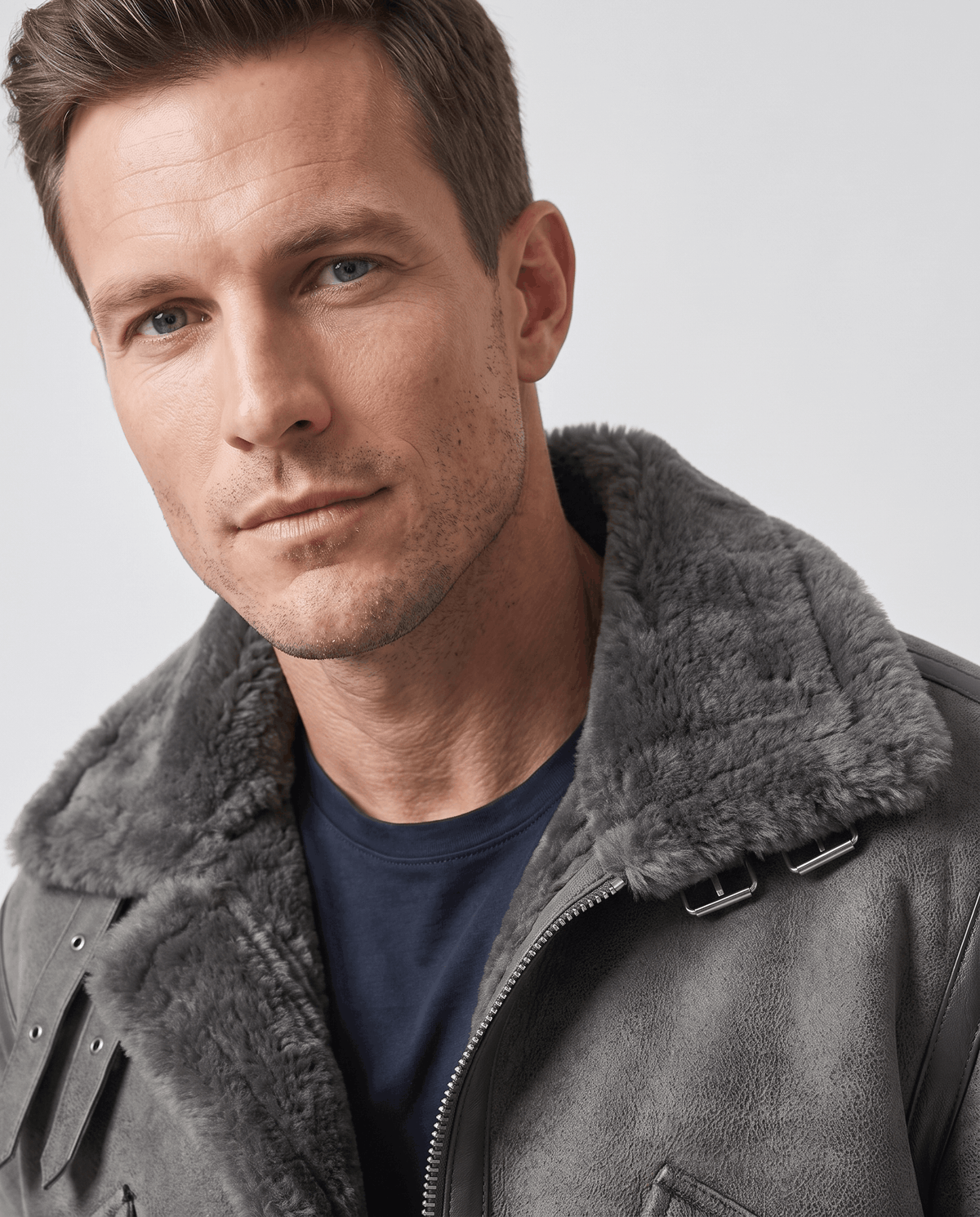 Close-up of a man wearing a gray leather shearling aviator jacket, showing the distressed finish and fur-lined collar