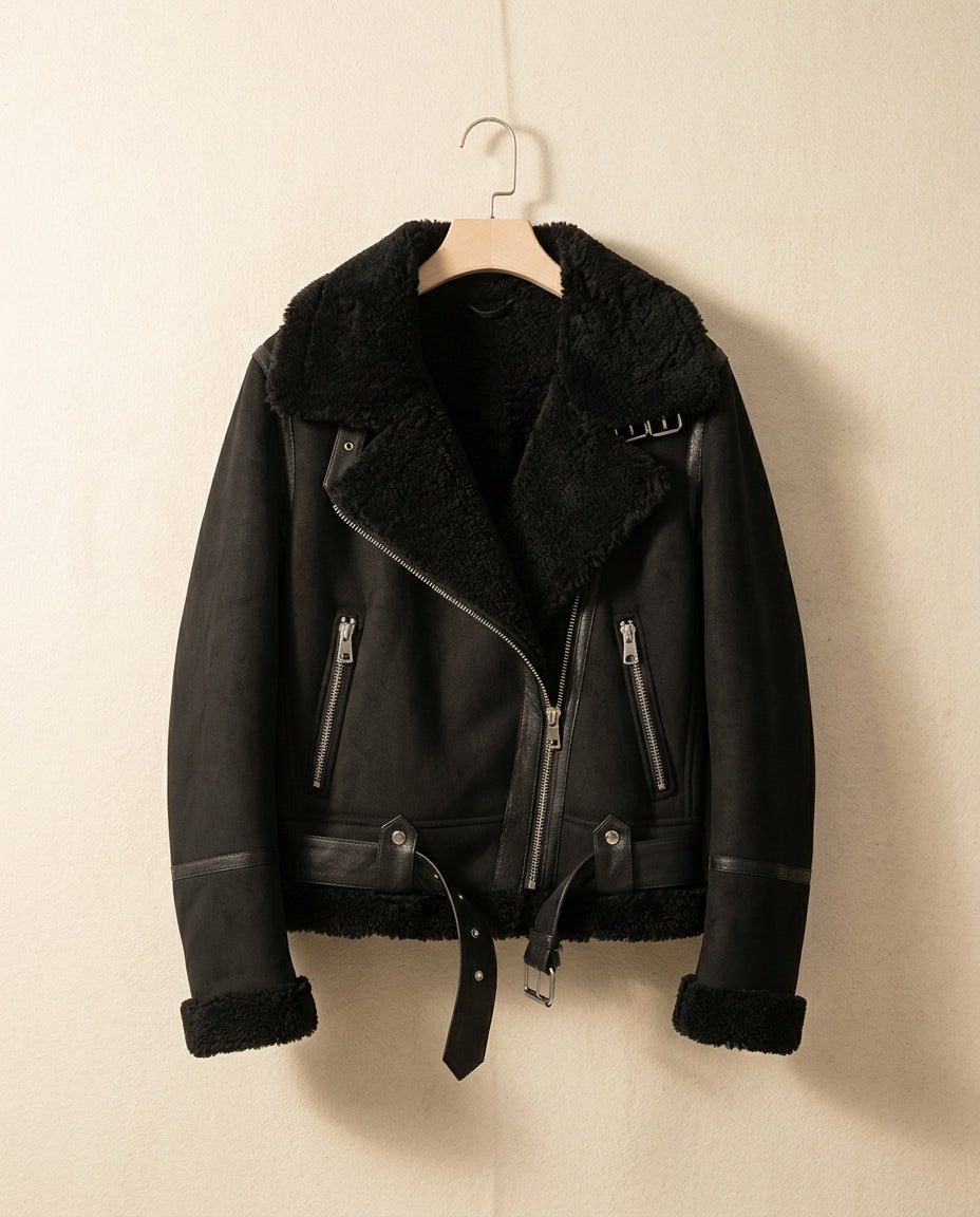 A black leather shearling aviator jacket with an oversized collar and belted waist, shown hanging on a hanger