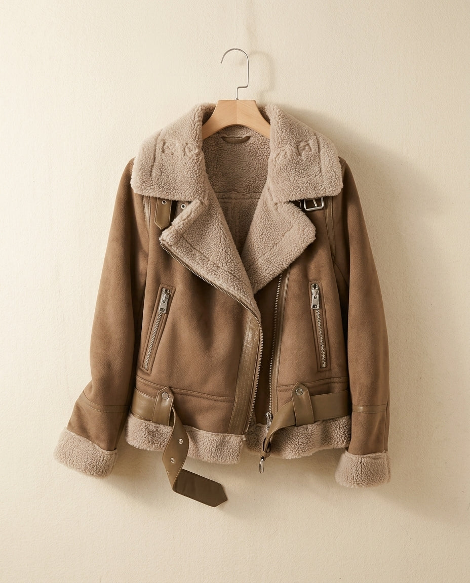 A brown leather shearling aviator jacket with an oversized collar and belted waist, shown flat