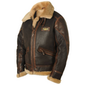 A dark brown leather shearling bomber jacket with a sherpa collar and zip pockets, shown from the side