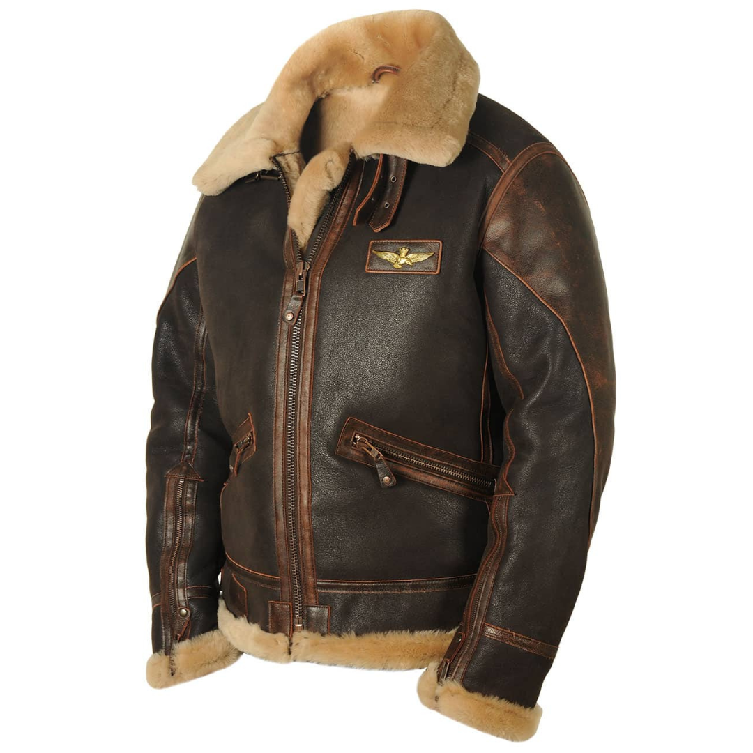 A dark brown leather shearling bomber jacket with a sherpa collar and zip pockets, shown from the side