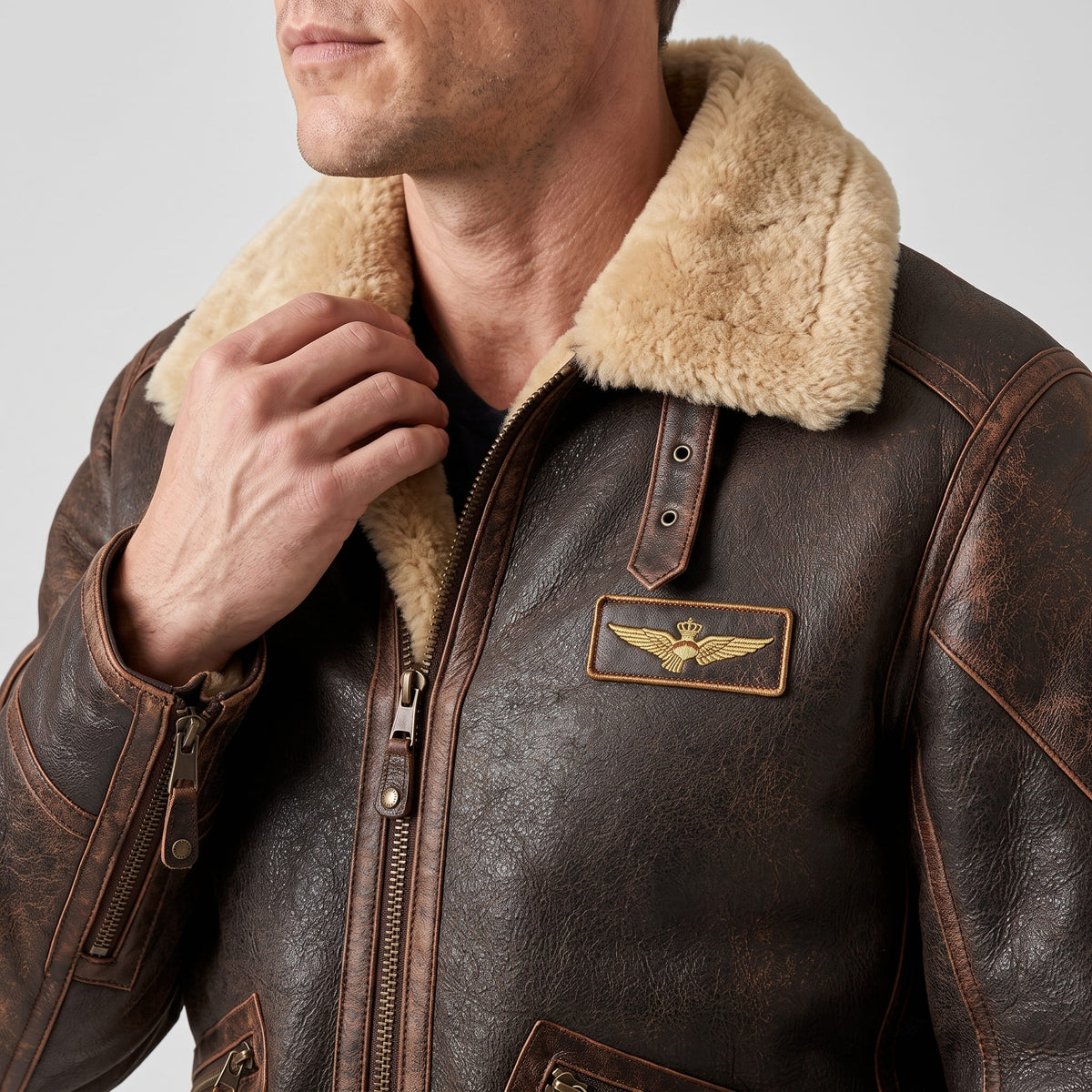 Close-up of a dark brown leather shearling bomber jacket showing the sherpa collar and zip pocket