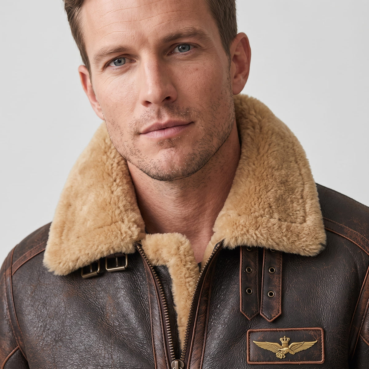 Close-up of a man wearing a dark brown leather shearling bomber jacket with a plush sherpa collar