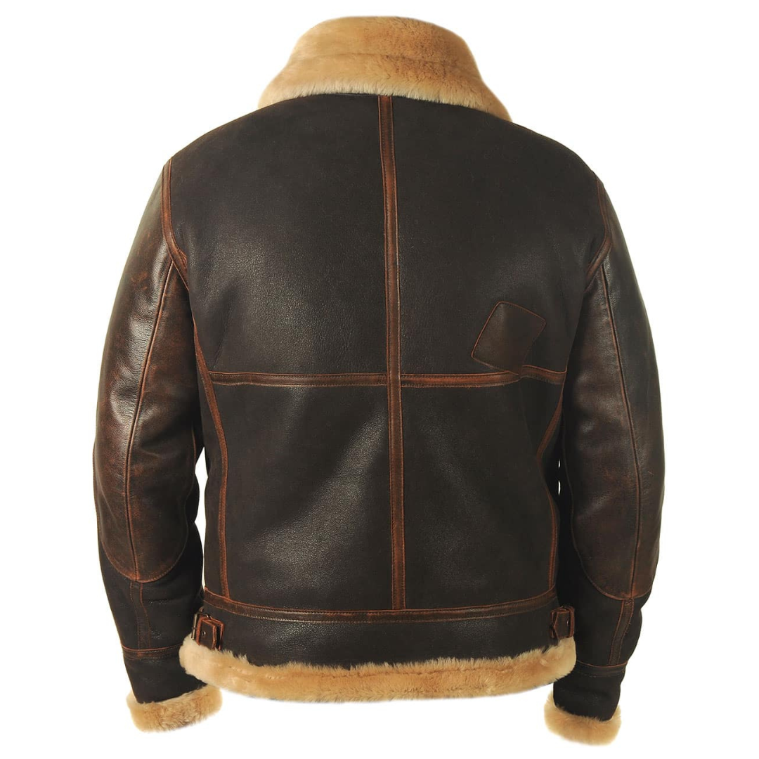 A dark brown leather shearling bomber jacket with a sherpa collar, shown from the back
