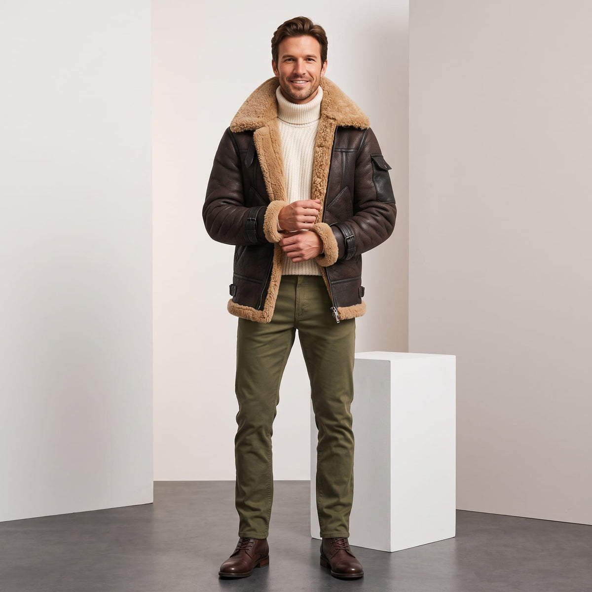 A man wearing a brown leather shearling jacket with fur lining and utility pockets, standing indoors