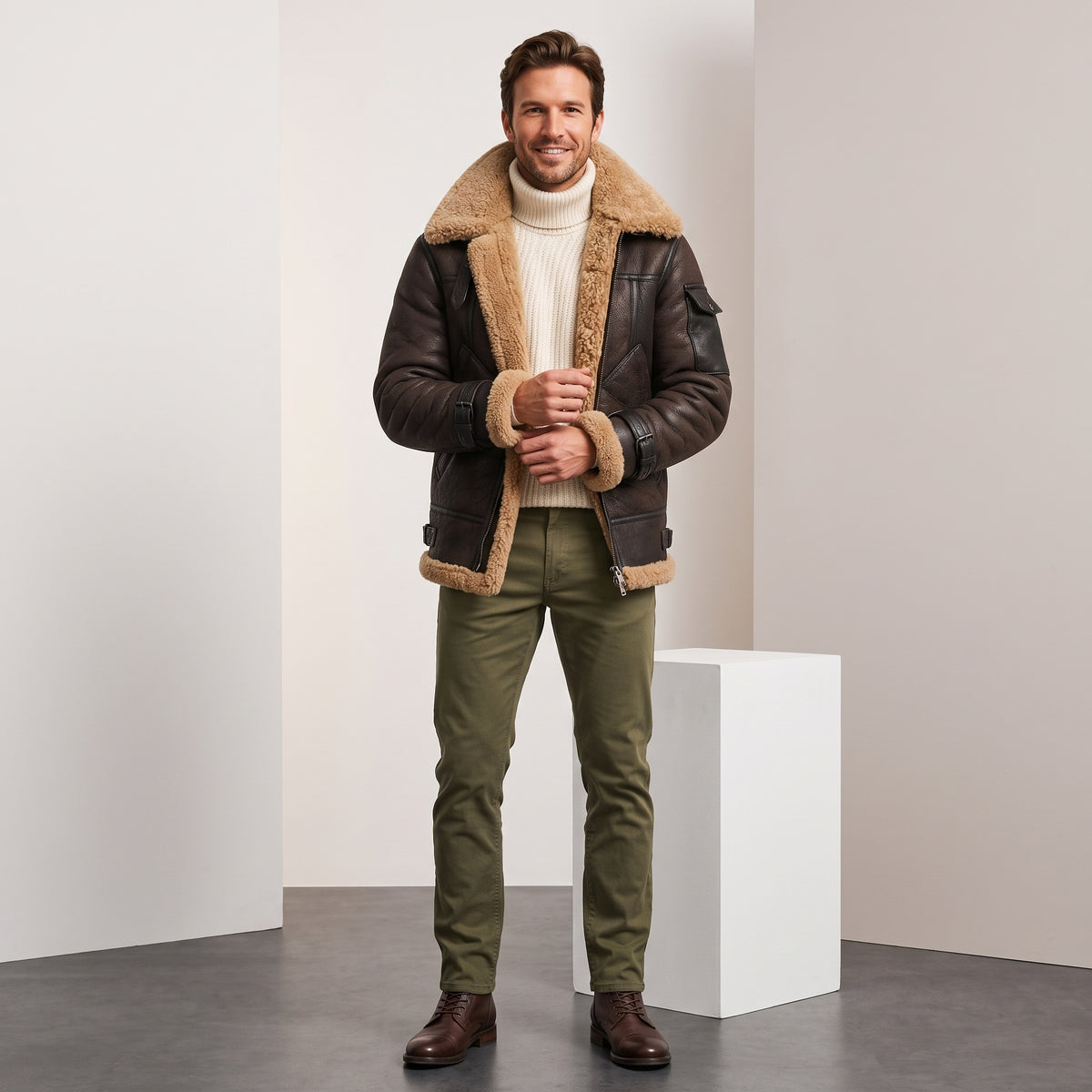 A man wearing a brown leather shearling jacket with fur lining and utility pockets, standing indoors