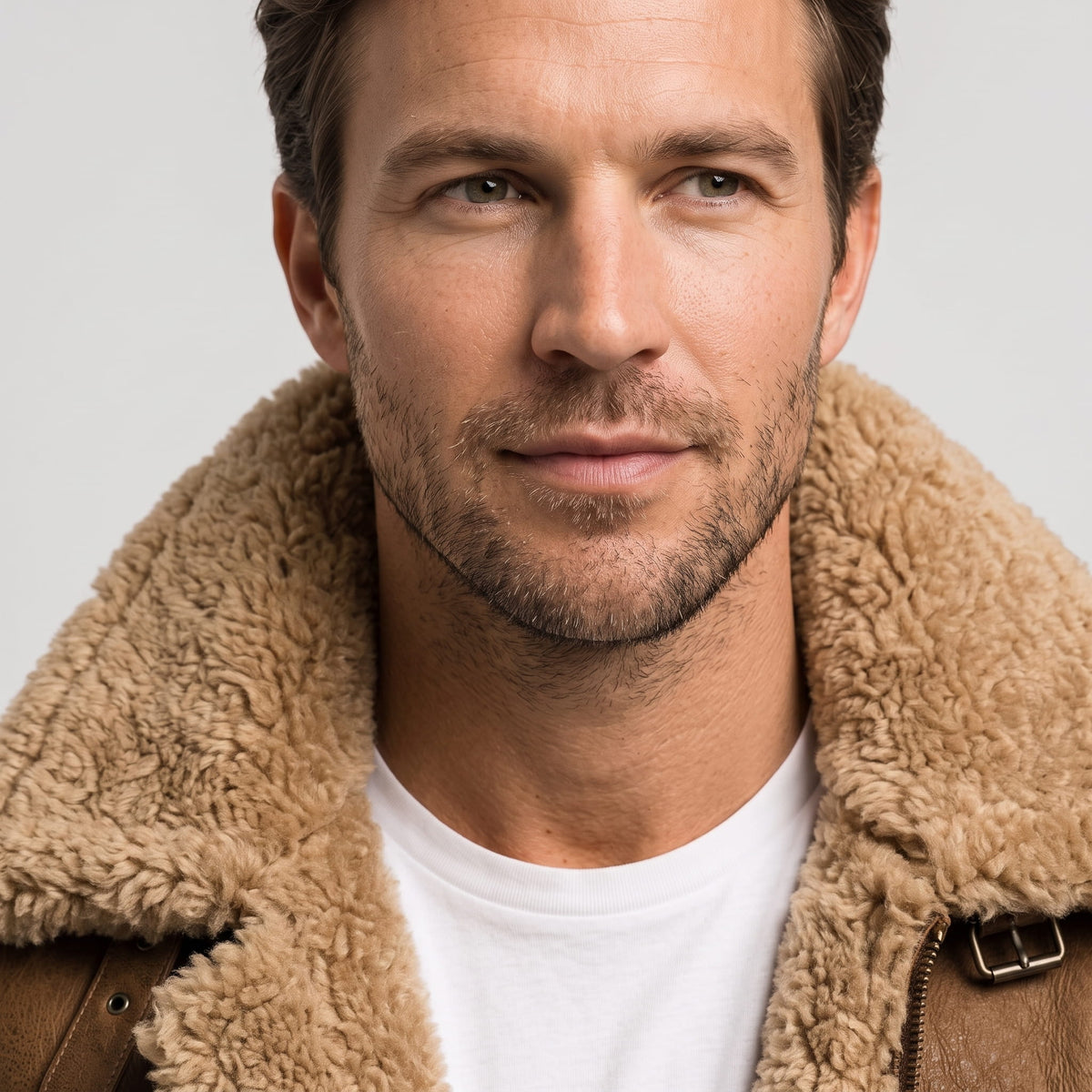 Close-up of a brown leather shearling jacket showing the fur-lined collar and textured leather