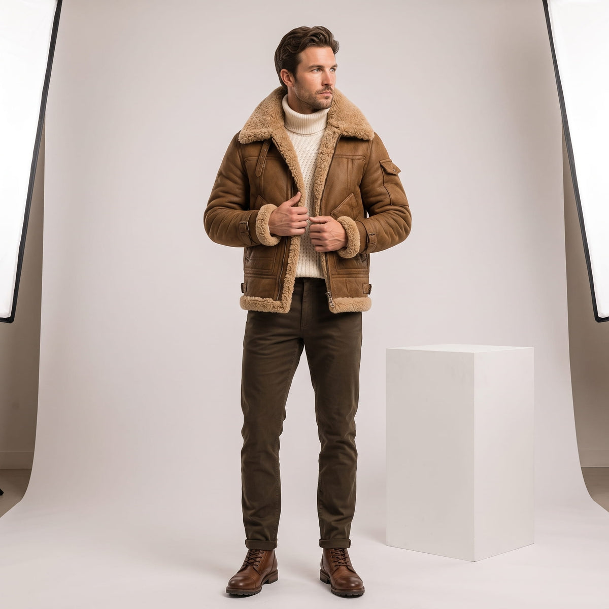 A man wearing a brown leather shearling jacket with fur lining and utility pockets, full-length view