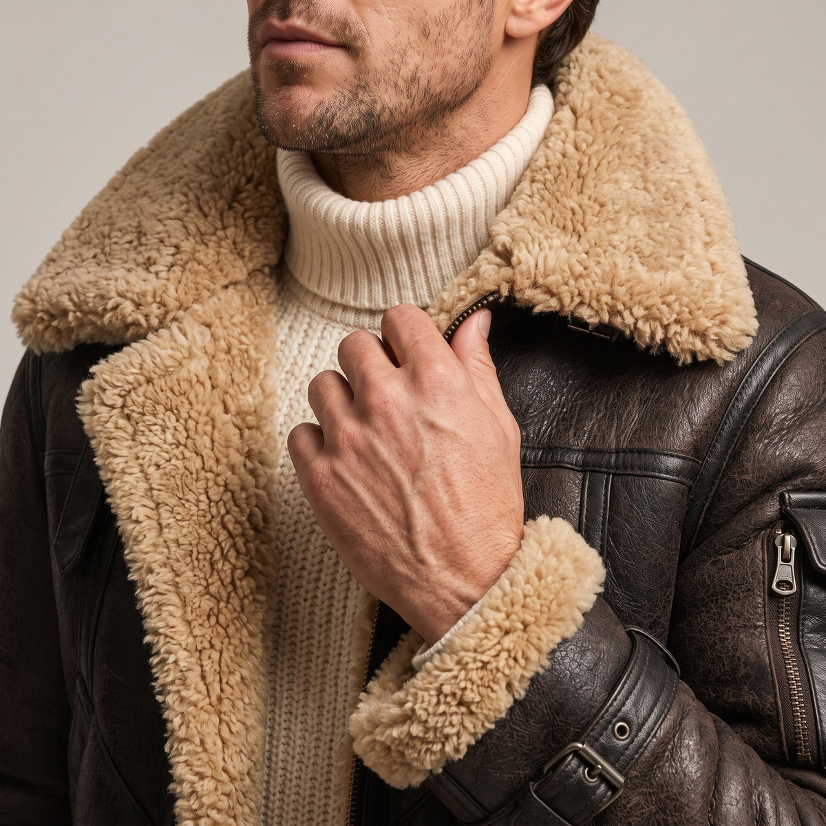 Close-up of a man wearing a brown leather shearling jacket, showing the fur-lined collar and front detail