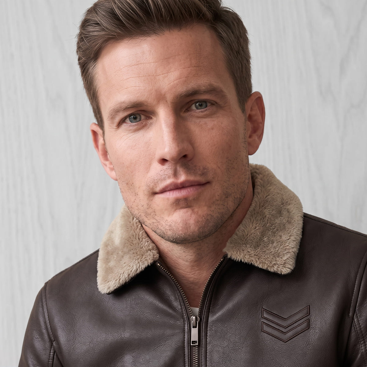 Close-up of a man wearing a dark brown leather shearling jacket, showing the plush collar and front zip