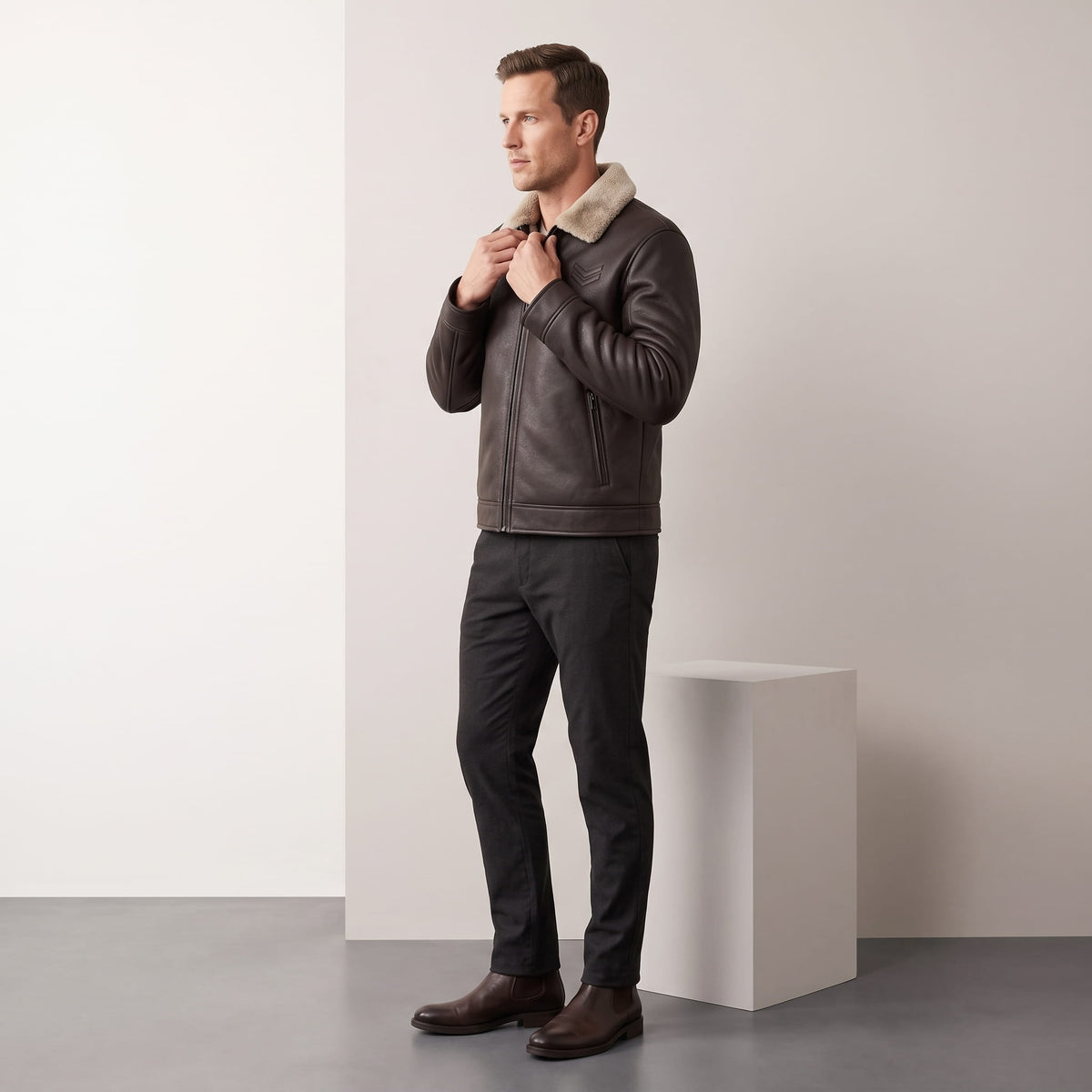 A man wearing a dark brown leather shearling jacket with a plush collar and full-zip front, shown in full-length view