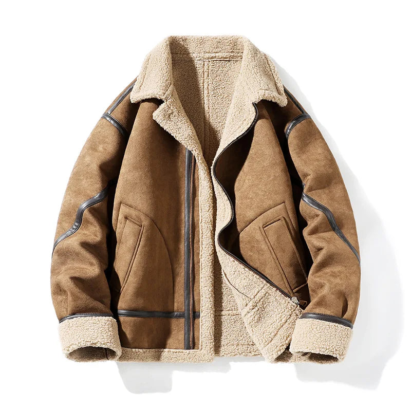 A brown leather shearling jacket with sherpa lining and a notched collar, shown open from the front