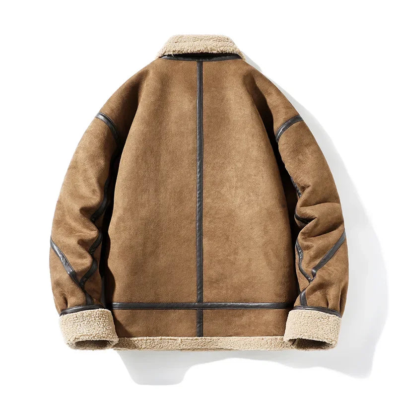 A brown leather shearling jacket with sherpa lining and a notched collar, shown from the back