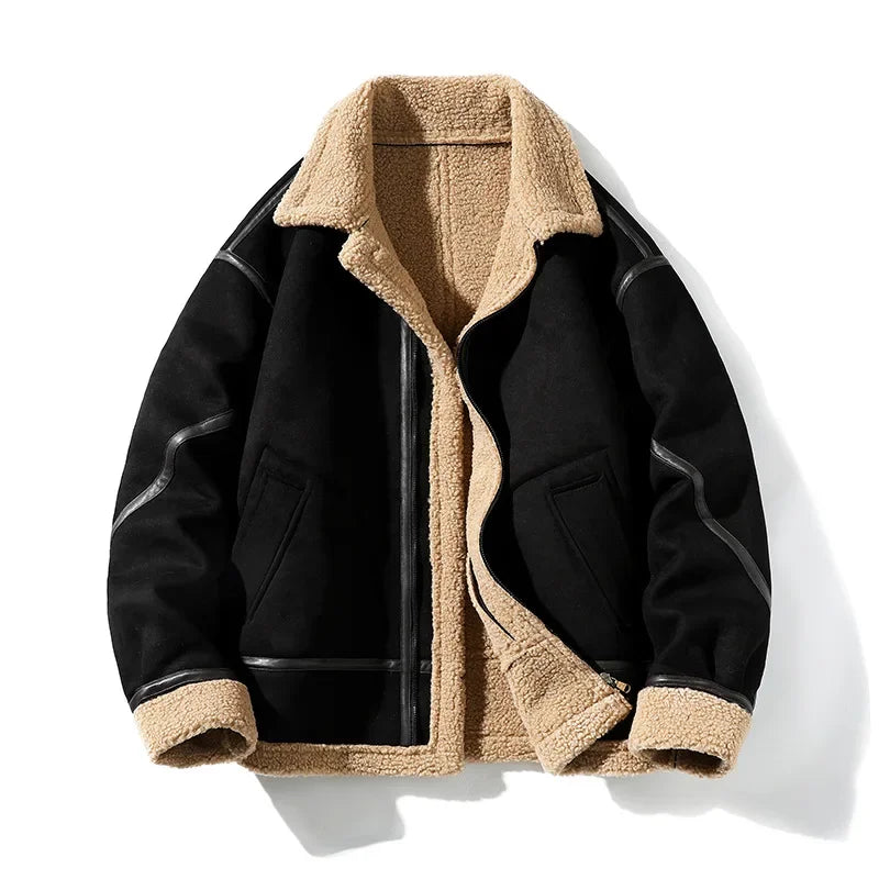 A black leather shearling jacket with sherpa lining and a notched collar, shown open to display the interior