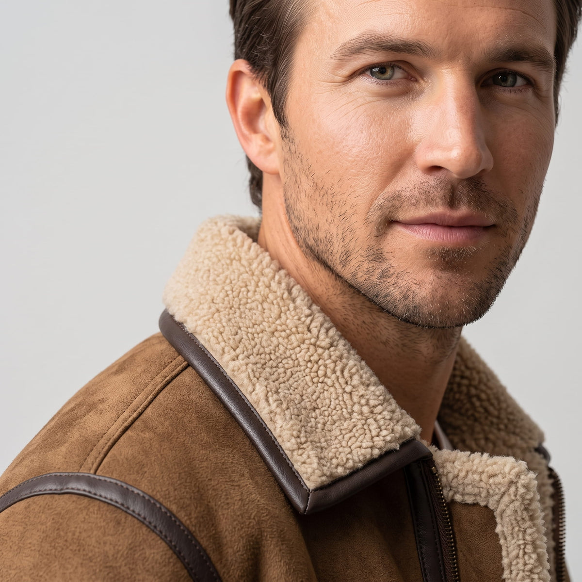 Close-up of a man wearing a brown leather shearling jacket, showing the sherpa-lined notched collar and shoulder detail
