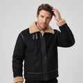 A man wearing a black leather shearling jacket with sherpa lining and a notched collar