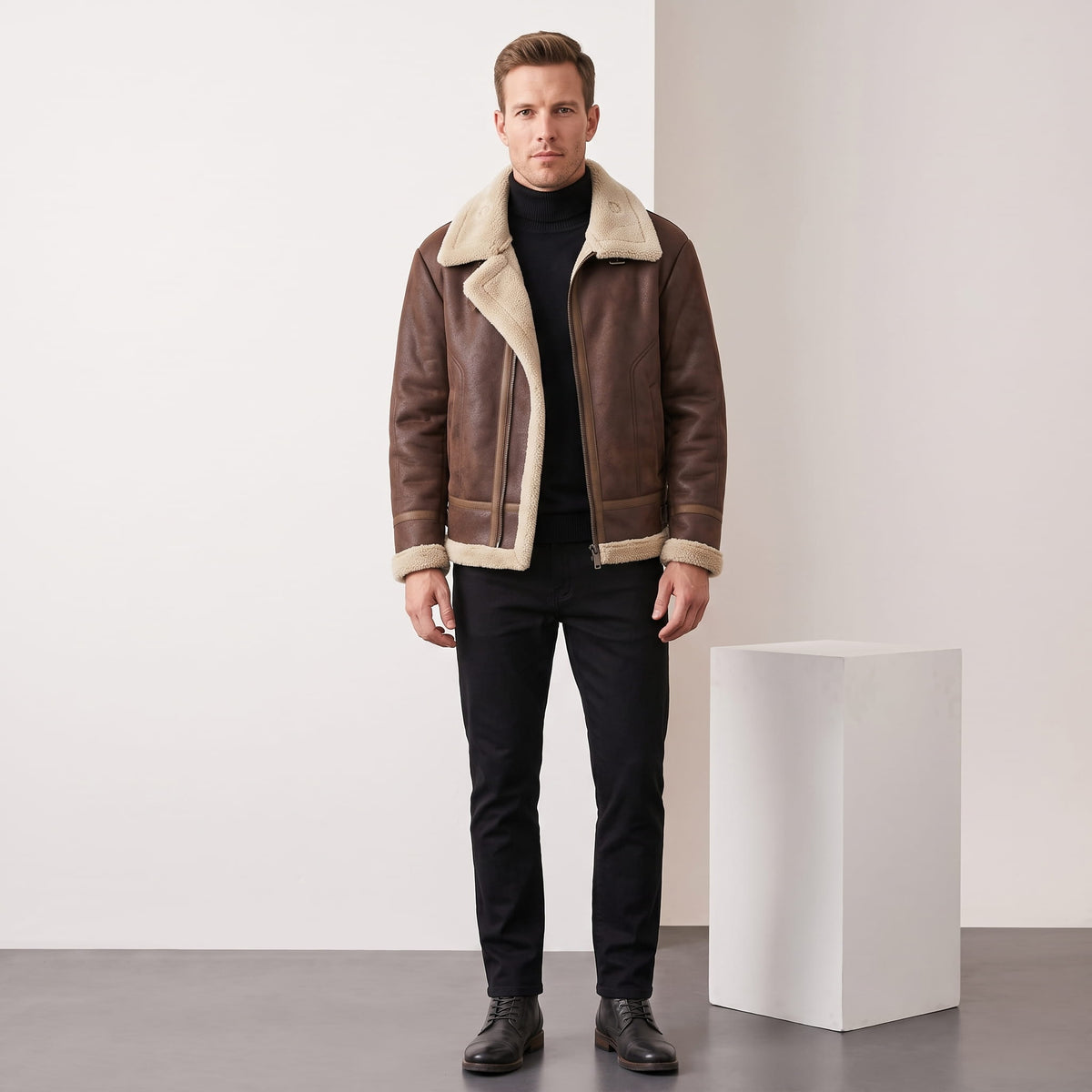 A man wearing a dark brown leather sherpa aviator jacket with fleece lining and zip pockets, full-length view
