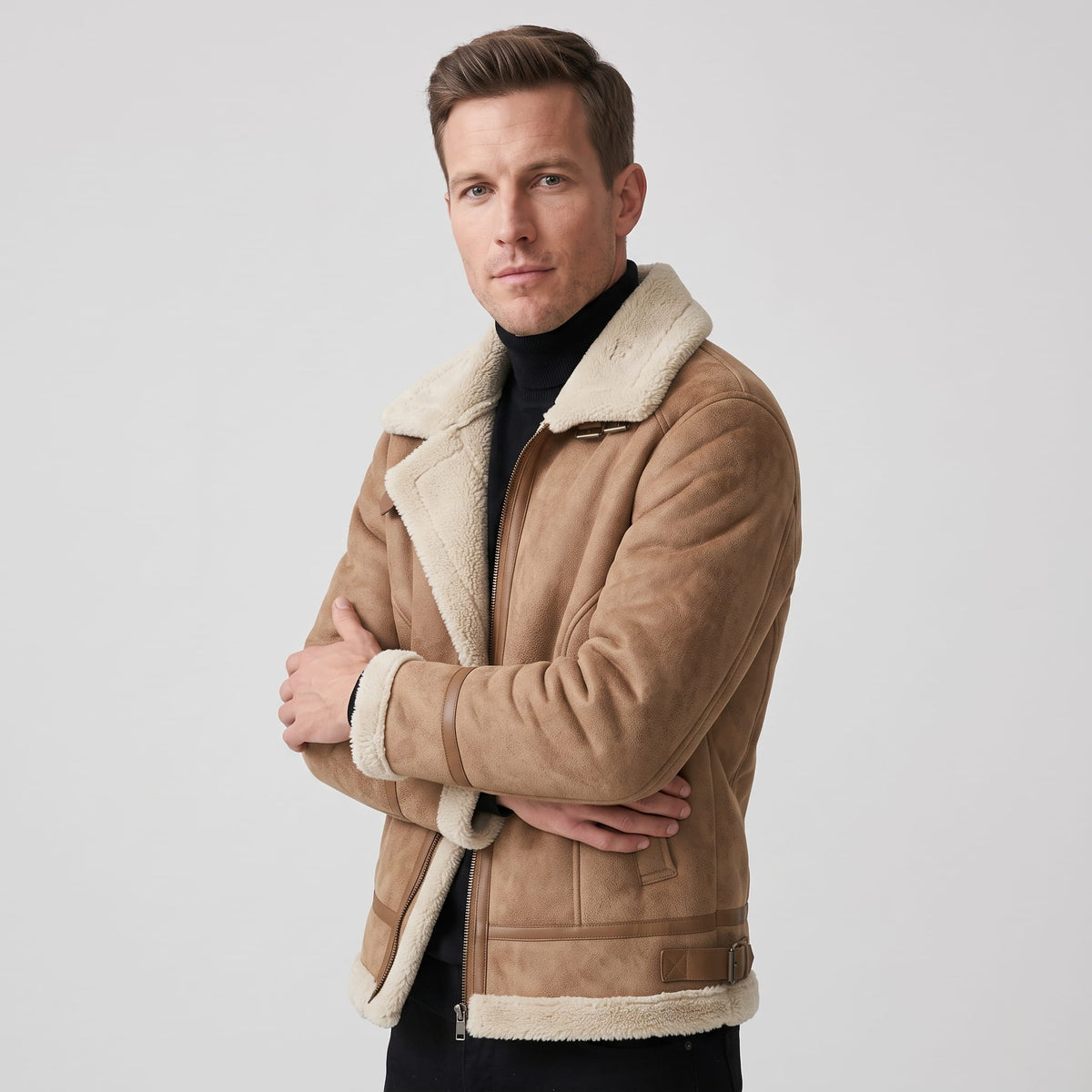 A man wearing a brown leather sherpa aviator jacket with fleece lining and zip pockets, front view