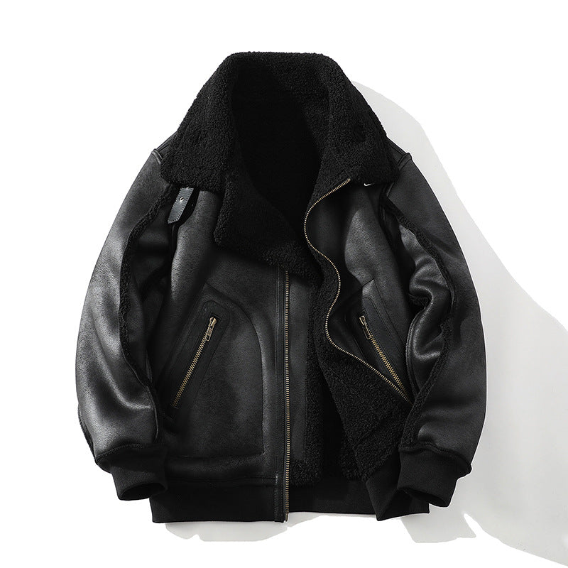 A black leather sherpa aviator jacket with a wide collar and ribbed trim, shown open to display the interior