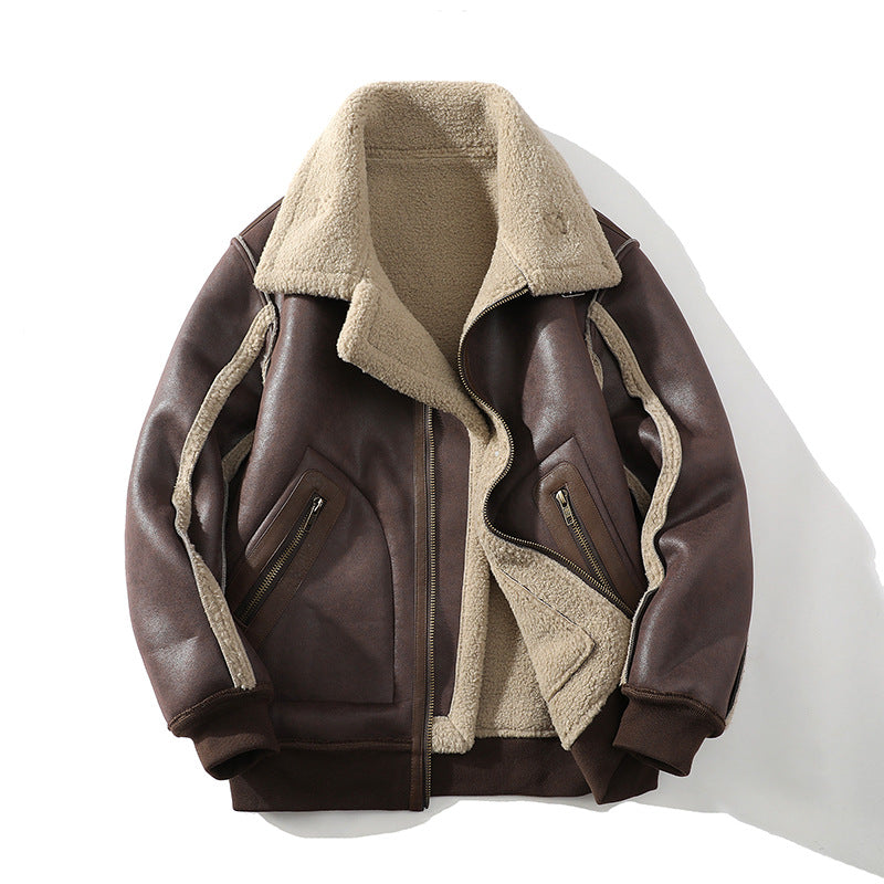 A brown leather sherpa aviator jacket with a wide collar and ribbed trim, shown open to display the lining