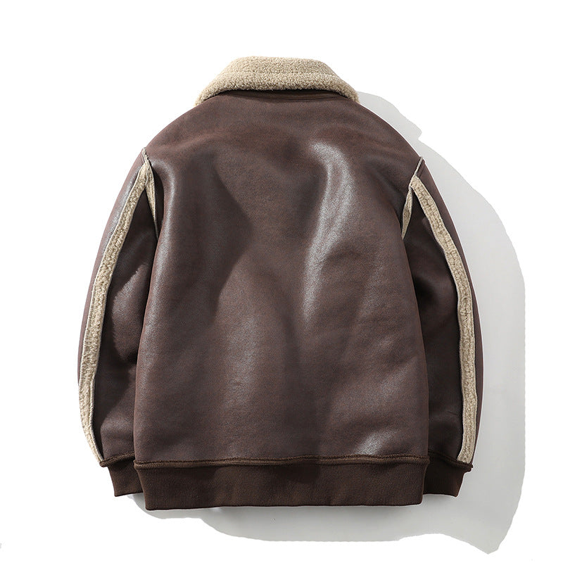 A brown leather sherpa aviator jacket with a wide collar and ribbed trim, shown from the back